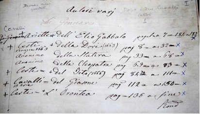 l'indice del manoscritto con la dizione 'anonimo' alle arie de 'La Cleopatra' di Daniele da Castrovillari